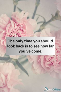 pink flowers with a quote about the only time you should look back is to see how far you've come