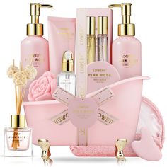 Pink rose bath basket - this spa day bath gift set for women includes 150ml shower gel, 150ml bubble bath, 100ml body lotion, 50ml body scrub, 30ml massage oil, 8pc essential oil diffuser set, 85g handmade rose soap, 2x 10ml eau da parfum perfume, 100% pink quartz gua sha massage tool, cosmetic bag and tub. Luxurious spa gift for women - our bath sets for women gift selections make the perfect birthday, valentine's day, mother's day, or holiday gift for any woman. Fully indulge them and all 5 of their senses with some extra tlc. After all, who doesn't love a little pampering? It's the perfect excuse to take some she-time and relax! Exquisite deluxe items - a spa kit for women gift set spa basket filled with luxurious spa products she’ll love to relax and rejuvenate with! The assorted bottl Bath Set Gift, Spa Gift Basket, Bath Gift Set, Rose Bath, Gift Boxes For Women, Spa Gift Box, Spa Set, Bath Gift, Spa Gifts Set