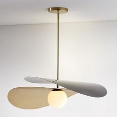 a ceiling fan with two lights hanging from it