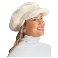 This Soft And Cozy Warm Faux Fur Hat Is A Stylish Way To Brave Winter's Chill. The Cute Newsboy Style Offers A Fresh Take On Cold Weather Gear, And The Brim Helps To Keep Snow And Sleet Out Of Your Eyes. Spot Clean. Polyester; Imported. One Size Fits Most. Choose: Black Or White. Faux Fur Hat, Cable Knit Hat, Cold Weather Gear, Cap White, Collections Etc, Knitted Romper, News Boy Hat, Fur Hat, Newsboy Cap