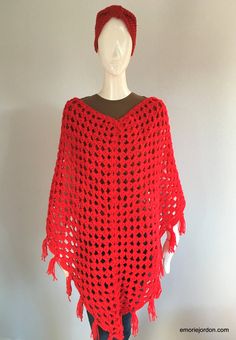 Bold red crochet shawl with netting effect. Great condition. No stains or rips. Nice tassels along the bottom for the retro chic look. Red Fringed Shawl For Fall, Red Fringe Shawl For Fall, Red Bohemian Shawl With Fringe, Red Shawl Poncho For Festival, Red Bohemian Poncho With Fringe, Handmade Red Shawl, One Size, Red Shawl, Red Crochet, Crochet Shawl