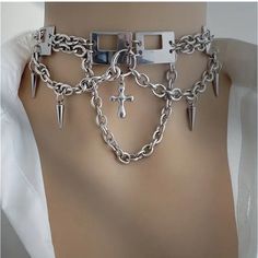 European And American Vintage Chain Necklace Design Rivet & Cross Clavicle Decoration Chain Material: Titanium Steel Silver Dangle Chain Choker, Punk Style Silver Alloy Necklace, Punk Silver Alloy Necklace, Silver Punk Alloy Necklace, Silver Punk Choker, Silver Punk Choker Gift, Silver Punk Choker For Gift, Punk Style Stainless Steel Clavicle Chain Jewelry, Punk Stainless Steel Clavicle Chain Jewelry