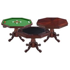 two wooden tables with green and black cloth on them, one is turned upside down