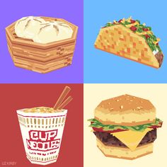 four different types of food are depicted in this illustration, including a taco and a cup