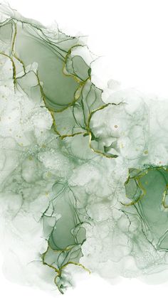 an abstract painting with green and gold paint on it's edges, in shades of white