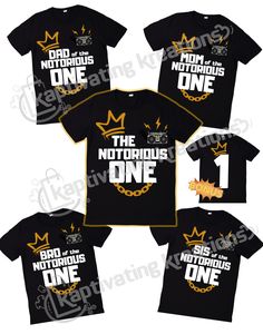 three matching shirts with the number one and two crowns on them, all printed in gold