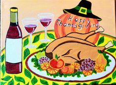 a painting of a turkey on a plate with wine glasses and pumpkins next to it