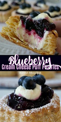 blueberry cream cheese puff pastries with powdered sugar and fresh blueberries on top