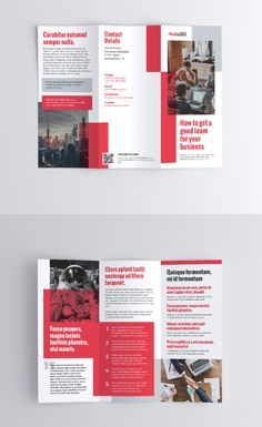 two fold brochure with red and white designs