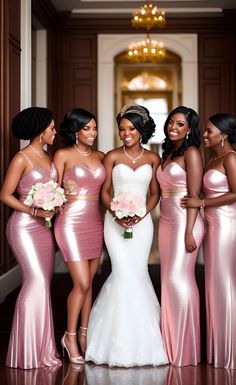 a group of women standing next to each other in pink dresses and holding bouquets