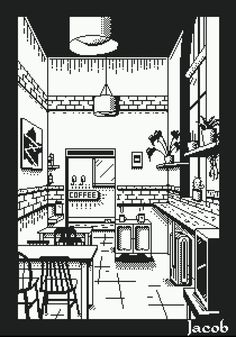 an old - school computer game with a kitchen and dining room in the background, black and white