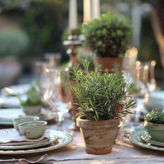 the table is set with dishes, cups and plants