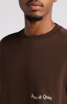 'Peace & Quiet' is stamped on this comfy cotton sweatshirt to let you feel like a you're making a subtle request as you go about your day. 26 1/2" length (size Medium) Crewneck Long sleeves Ribbed cuffs and hem 100% cotton Machine wash, tumble dry Imported Brown Cotton Tops With Ribbed Cuffs, Brown Crew Neck Sweatshirt For Loungewear, Brown Cotton Sweatshirt For Loungewear, Brown Relaxed Fit Crew Top, Brown Cotton Top With Ribbed Cuffs, Brown Relaxed Fit Sweatshirt With Ribbed Cuffs, Soft-washed Relaxed Fit Sweatshirt, Brown Cotton Sweatshirt With Ribbed Cuffs, Everyday Brown Cotton Sweatshirt