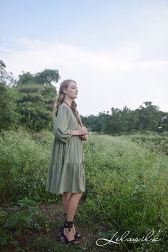 Cotton Loose Dress/ Babydoll Women Dress/ Organic Clothing/ | Etsy Green Tiered Skirt Sundress, Green Sundress With Tiered Skirt, Green Tiered Sundress, Flowy Knee-length Boho Sundress, Green Mid-length Sundress, Knee-length Long Sleeve Summer Dress, Green Relaxed Fit Mini Dress, Olive Long Sleeve Dress For Summer, Green Mid-length Dress Down