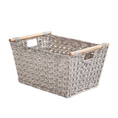 a large gray basket with wooden handles