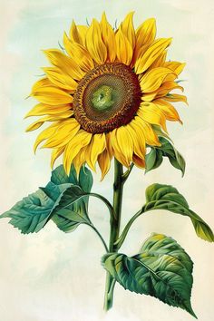 a painting of a sunflower with green leaves