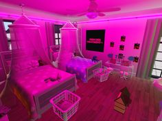 a bedroom with pink lighting and lots of toys on the floor in front of it