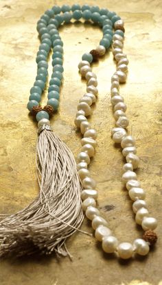 Aquamarine and pearl mala beads with rudraksha and a genuine pure silk tassel at Pillow Book Design Throat Chakra Yoga, Wedding Mala, Mandala Chakra, Pearl Mala, Diamond Solitaire Necklace