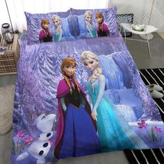 two frozen princesses standing next to each other on a bed with purple sheets and pillows