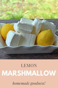 lemon marshmallows in a white bowl on a wooden table with text overlay