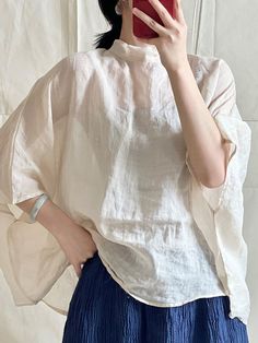 Batwing Sleeves Loose Lace-Up See-Through Solid Color Stand Collar Shirts Tops APRICOT-One_size Summer Pullover, Modest Casual Outfits, Stand Collar Shirt, Top Shirt Women, Linen Style, Loose Shirts, Top Fabric, One Piece Swimwear, Batwing Sleeve