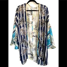 Metallic Trim And Highlights, Caftan Sleeves, Open Front , Polyester Blue Open Front Cover-up For Beach Party, Blue Tropical Kimono For Summer, Blue Open Front Kimono For Beach Season, Patterned Kimono For Beach Season Vacation, Blue Tropical Style Kimono For The Beach, Blue Summer Kimono For Beach, Blue Open Front Kimono For Beachwear, Blue Open Front Summer Cover-up, Blue Open Front Cover-up For Beach Season