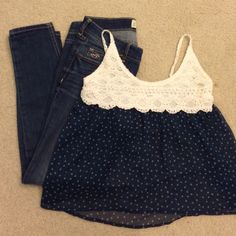 Brand New Cute Flowy Top, Size Large (Usually $35) And Blue Denim Jeans, Size 5 Short ($35) Hollister Pants, Flowy Top, Hollister Tops, Flowy Tops, Jeans Color, Blue Denim Jeans, Colored Jeans, Hollister, Pant Jumpsuit