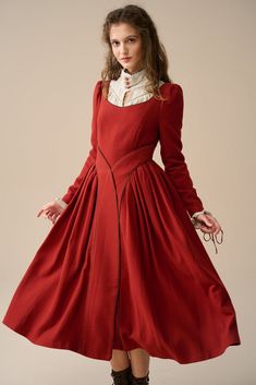 Rosalind 19 | Vintage victorian wool dress Cotton Victorian Long Sleeve Dress For Fall, Long Sleeve Victorian Dress For Fall, Fall Victorian Long Sleeve Cotton Dress, Fall Victorian Long Sleeve Historical Dress, Red Riding Hood Dress, Red Victorian Dress, Vintage Long Sleeve Victorian Dress With Buttons, Hood Dress, Magical Cottage