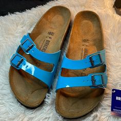 Birkenstock Men’s Ibiza Sandals Color: Lack Scuba Blue Size: 10-10.5 Narrow Us, 43 Eu Blue Round Toe Sandals For Outdoor Activities, Blue Waterproof Round Toe Sandals, Blue Waterproof Sandals With Round Toe, Waterproof Blue Sandals With Round Toe, Blue Closed Toe Sandals For Outdoor Activities, Blue Closed Toe Sandals For Outdoor, Blue Slides With Round Toe For Outdoor, Cushioned Round Toe Sandals For Water Sports, Blue Flat Slides For Outdoor