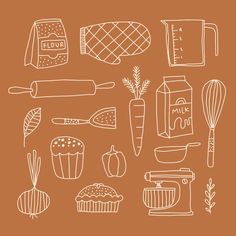 the kitchen utensils are drawn in white on an orange background, including carrots and bread