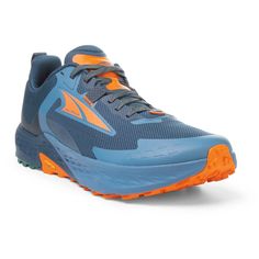 a blue and orange running shoe on a white background