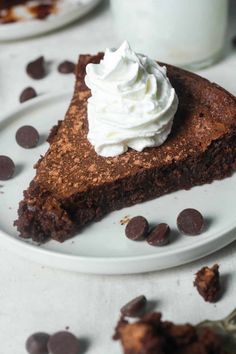 a slice of chocolate pie with whipped cream on top and chocolate chips around the edges