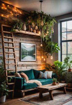 a living room filled with lots of green plants and potted plants on the wall