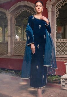 Velvet Salwar Suit, Velvet Salwar, Long Kameez, Velvet Suit Design, Pearl Work, Velvet Dress Designs, Pakistani Fancy Dresses, Pakistani Fashion Party Wear, Chiffon Flower