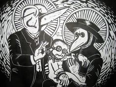 a black and white drawing of two people with a bird on their head, one holding a child