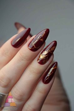 Elegant fall nail designs featuring deep burgundy with gold accents. Perfect for those who love classy and sophisticated acrylic nails for fall. Visit nailhow.com for more fall nail inspiration. Don't forget to save this pin for your next nail appointment! Maroon Autumn Nails, Cabernet Wedding Nails, Burgundy Nails Gold Accent, Crimson And Gold Nails, Crimson Nails Designs, Sophisticated Fall Nails, Wine Red Nails Designs Fall, Gold Accent Nails Acrylic, Nail Designs Burgundy And Gold