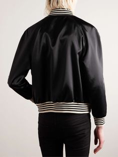 Shop CELINE HOMME Slim-Fit Logo-Embroidered Satin Bomber Jacket, Explore the latest in-season CELINE HOMME collection today on MR PORTER Luxury Long Sleeve Varsity Jacket, Luxury Long Sleeve Silk Outerwear, Embroidered Long Sleeve Silk Outerwear, Designer Black Silk Outerwear, Designer Silk Long Sleeve Outerwear, Jacket For Men, Vintage Baseball, Mr Porter, S Models