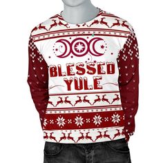 MoonChildWorld Triple Moon Blessed Yule Wicca Christmas Sweater Long Sleeve All of our men's sweaters are custom-made-to-order and handcrafted to the highest quality standards. Each sweater is constructed from a premium woven polyester that is ultra-soft and incredibly comfortable. Features a specialty high definition heat-dye application that ensures long lasting color vibrancy even after machine washing. Fabric is durable and resistant to wrinkles, shrinking and mildew. Finished with elasticat Christmas Cotton Long Sleeve Sweater, Holiday Cotton Sweater With Long Sleeves, Holiday Long Sleeve Cotton Sweater, Long Sleeve Cotton Sweater For Holiday, Red Crew Neck Sweatshirt For Winter, Long Sleeve Tops With Custom Print For Winter, Red Relaxed Fit Winter Sweater, Red Relaxed Fit Sweater For Winter, Christmas Long Sleeve Sweater