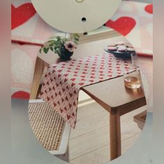 a table with a red and white cloth on it