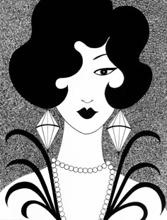 a black and white drawing of a woman's face with curly hair, wearing a dress