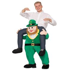 a man in a green lepreti suit carrying a large stuffed animal on his back