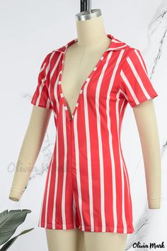 Olivia Mark - Chic Striped Regular Jumpsuit with a Stylish V-Neck and Zipper for a Sleek Casual Street Look Striped Fitted V-neck Jumpsuit, Striped Fitted V-neck Jumpsuits And Rompers, Rompers Online, Striped Jumpsuit, Street Look, Look Casual, Casual Streetwear, Zipper Detail, Wholesale Fashion