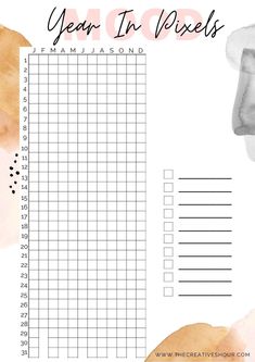 a printable year in pixels planner with watercolor paint and brush strokes on it