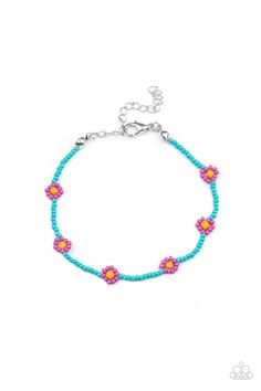 Bright Lavender flowers circle around a turquoise beaded bracelet for a crafty summer camp vibe. Features an adjustable clasp closure. Sold as one individual bracelet. Preppy Bracelets, Power Bracelet, Seed Bead Flowers, Hobby Ideas, Flower Circle, Jewelry Watch, Turquoise Bead Bracelet, Purple Bracelet, Bright Turquoise