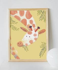 a painting of a giraffe on a yellow background next to a white ball