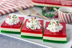 Christmas Jello Salad Christmas Jello Salad, Layered Jello Recipe, Finger Jello, Christmas Jello, Layered Jello, Jello Desserts, Holiday Cookie Exchange, Strawberry Jello, Jello Salad