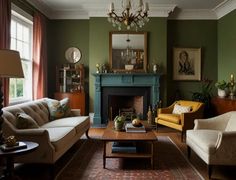 a living room filled with furniture and a fire place under a chandelier in front of a fireplace