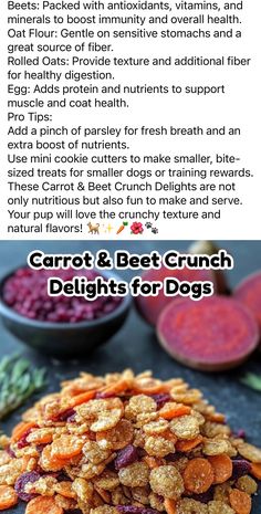 the recipe for carrot and beet crunch delights is shown in two different pictures