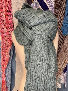 "This is the perfect Christmas gift for someone special.  It is particularly good for someone who has a larger frame because there is a lot of material in this amazingly soft and cuddly scarf.  So many ways to wear this seagreen Aran-weight (that means it is a heavier weight wool) scarf.  (Note the second photo shows a deeper green but the color is more like the other photos.) The rectangular scarf is 80\" long and 18\" wide.  The yarn is US domestic 100% wool.  The stair pattern in the center i Editing Styles, The Perfect Christmas, Diagonal Stripes, Large Frames, Wool Scarf, Sea Green, Deep Green, Perfect Christmas Gifts, Shawls And Wraps