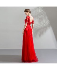 Buy Elegant Red Flowy Long Tulle Formal Dress With Appliques Sleeves at wholesale price online. Free shipping and pro custom service since 2009. Elegant Red Tulle Evening Dress, Elegant Red Tulle Gown, Formal Red Tulle Dress, Red Fitted Tulle Evening Dress, Red Tulle Formal Dress, Red Short Sleeve Wedding Dress, Fitted Red Tulle Dress, Red Fitted Tulle Dress, Red Tulle Evening Dress For Formal Events